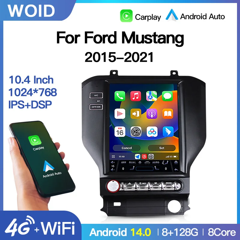 

Android14 Автомобильный радиоприемник Стерео GPS Navi Мультимедийный плеер для Ford Mustang 2015-2021 Вертикальный экран Головка DSP 4G BT Carplay Auto