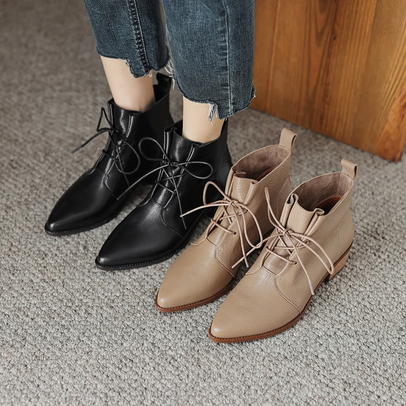 

Sheep Leather Point Toe Thick High Heels Women Short Boots French Dating Lace Up Gorgeous Winter Shoes Gentlewomen Ankle Boots