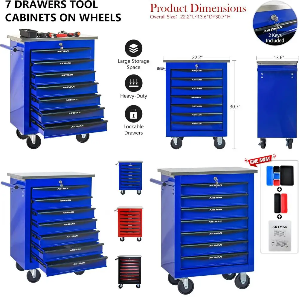 

Синий и черный сверхмощный ящик для инструментов с колесами для хранения в гараже и мастерской