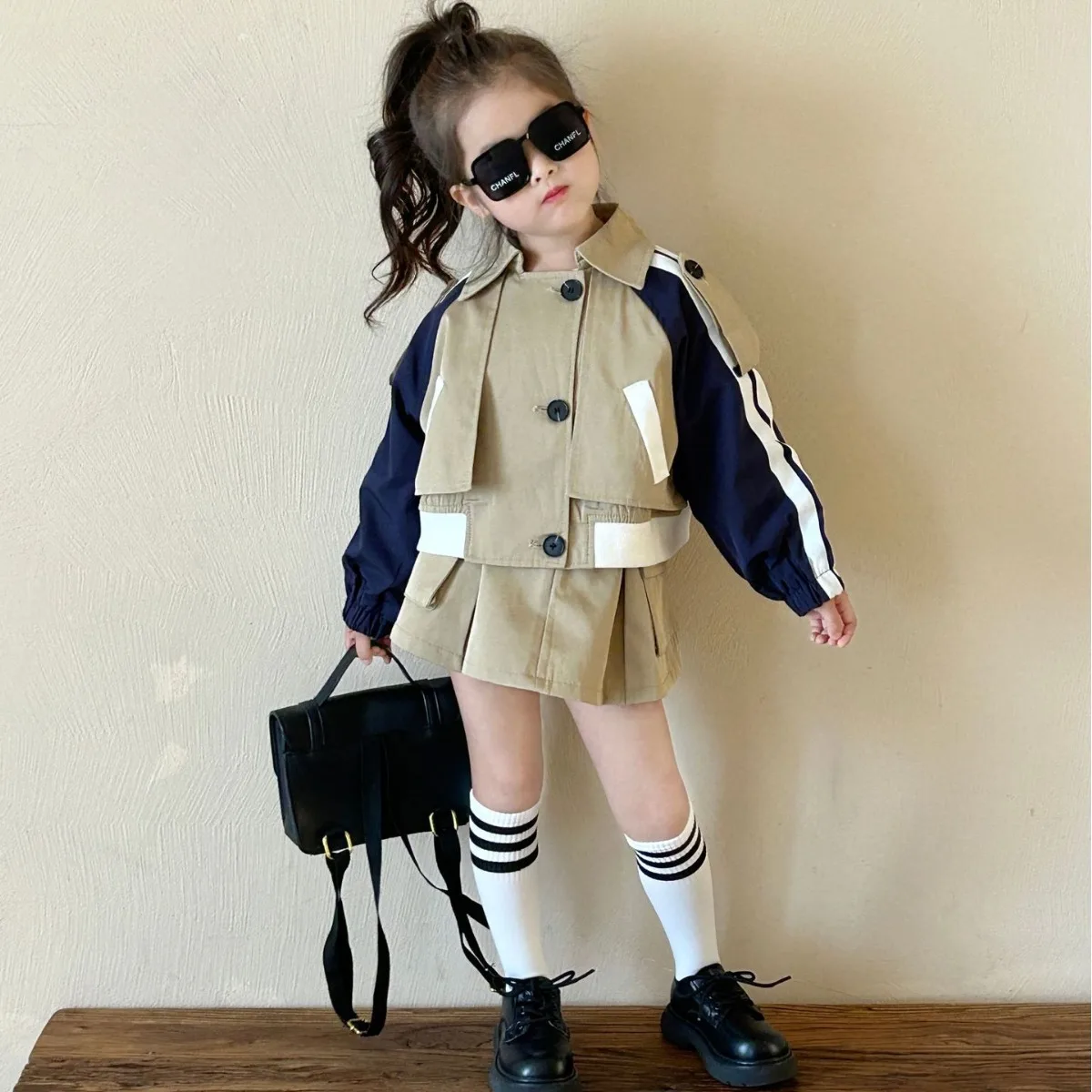 2024 Spring New Girl\'s Fashionable Spliced Coat and Pleated Skirt Two Piece Set for Korean Baby Fashion Workwear Set