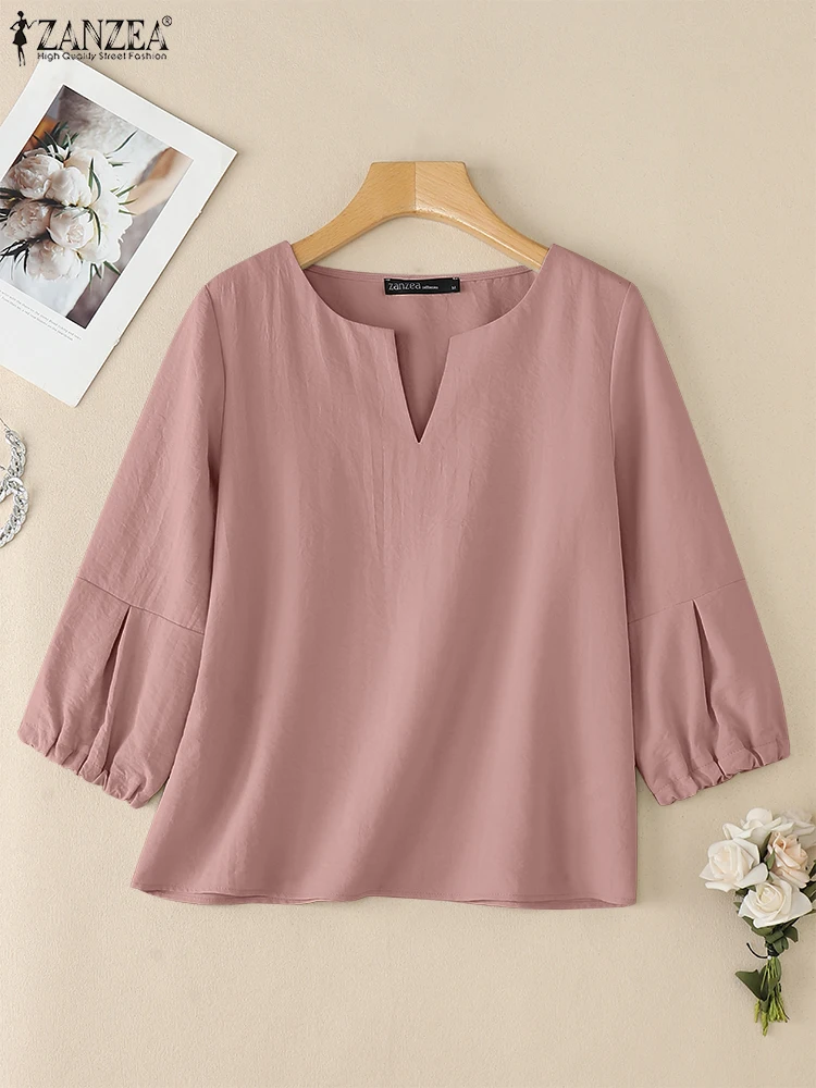 ZANZEA Women Blouse Casual Loose Patchwork Shirts 2025 Summer 3/4 Lantern Sleeve Tops Solid Color Blusas V-neck Fashion Pullover