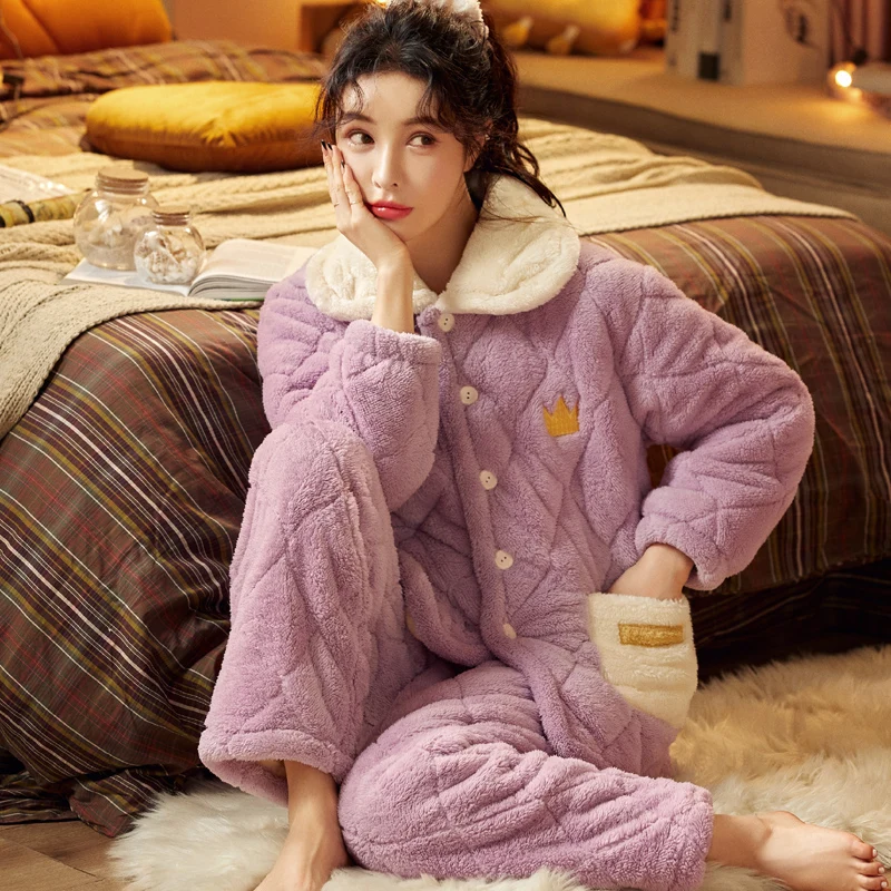 

Plus Velvet Winter Women's Warm Home Clothes Sleepwear Ladies Flannel Thick Coral Fleece Cute Cartoon Pajamas Large Size Pijama