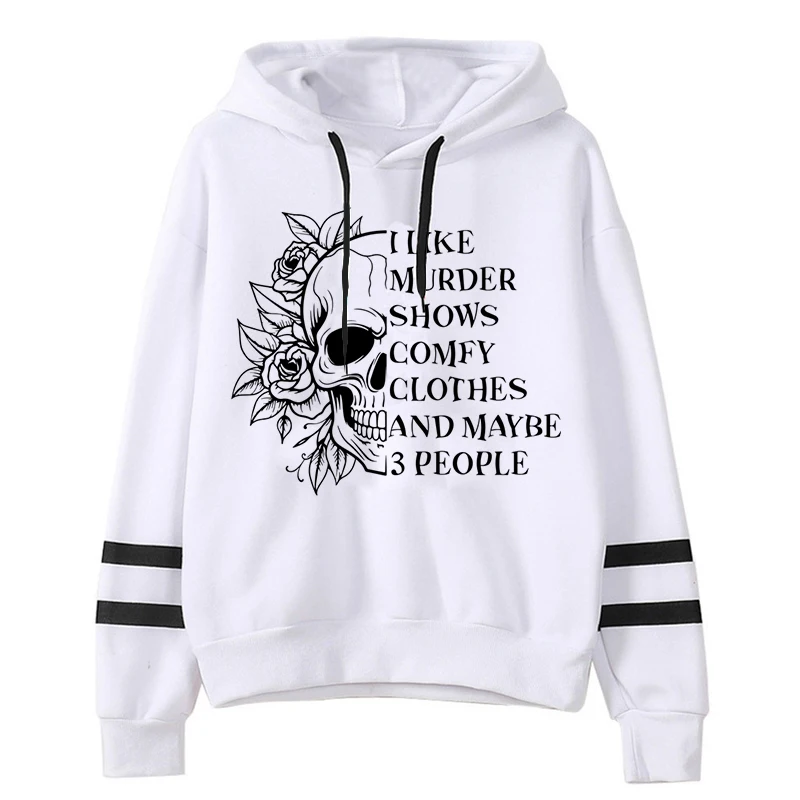 Casual Vintage Skull Rose Print Sweatshirts Women Long Sleeve Drawstring Pullover "I Like Murder Shows" Funny Skeleton Hoodies