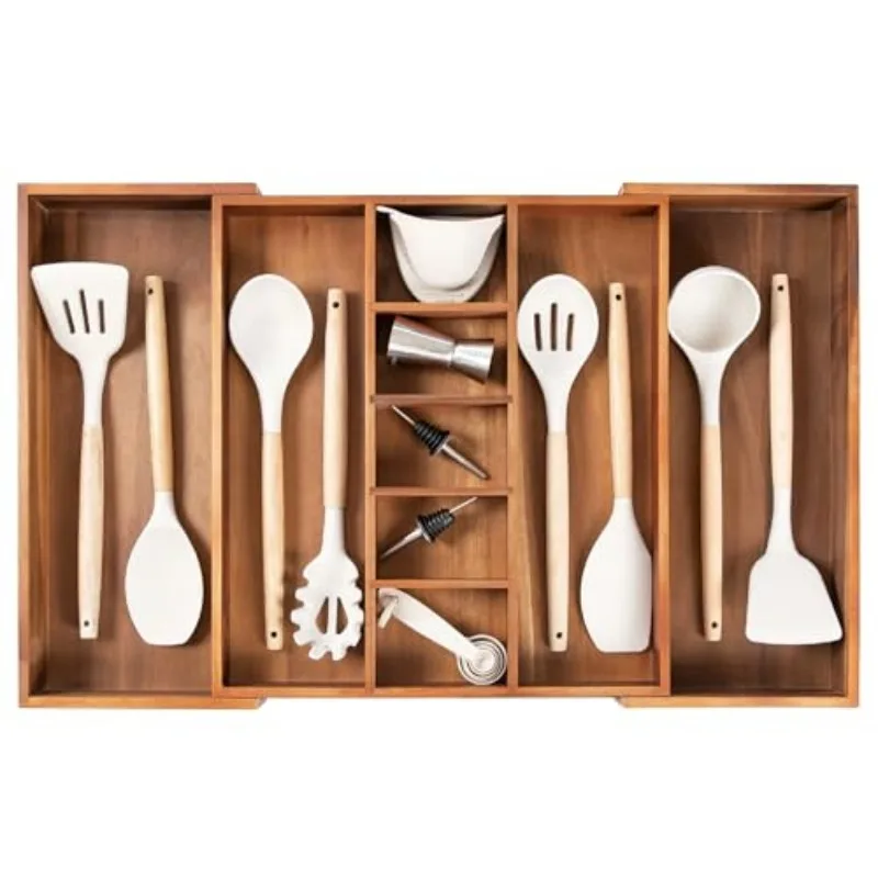 Adjustable Kitchen Drawer Organizer for Utensils, Non-Slip Expandable Wood Cutlery Tray, 16–28in Wide, Natural Acacia
