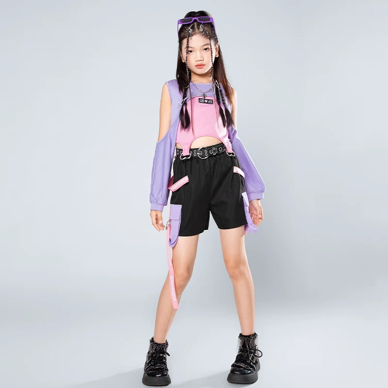 

Autumn New Jazz Dance Suit Girls Kpop Stage Performance Dance Wear Kids Fashion Clothing Purple Top Black Shorts Streetwear 1090