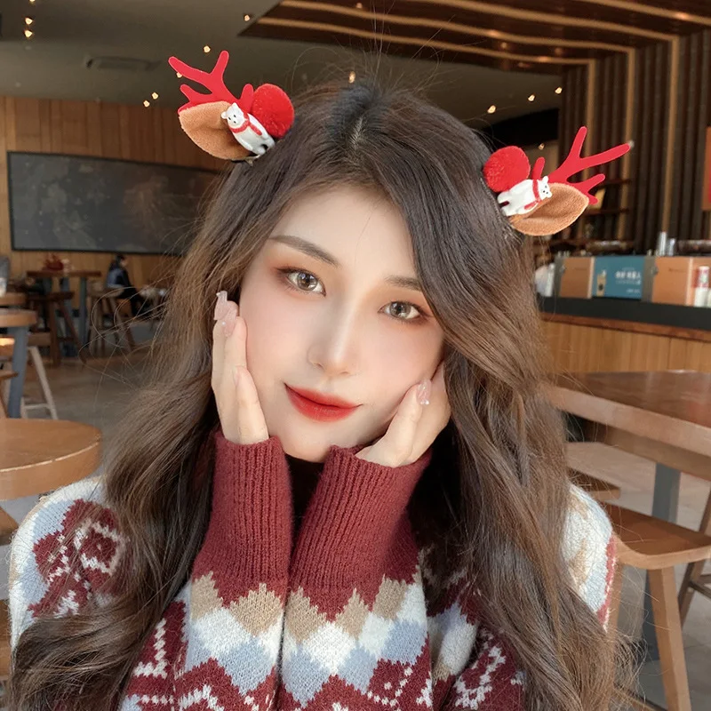 2pcs/Set Kawaii Christmas Elk Ear Hair Clip Women Girl Santa Snowman Hairpin Xmas Party Barrettes For Kids Cosplay Headwear