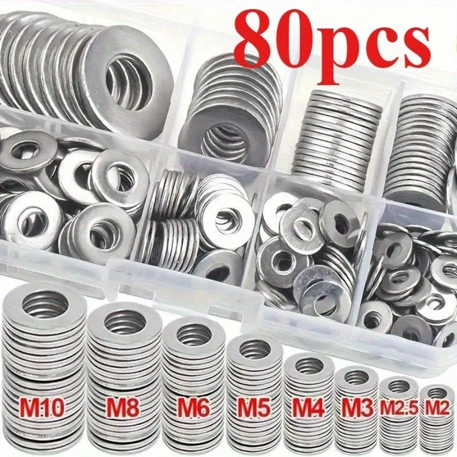 80pcs/Box Flat Washer Set (Model M2 M2.5 M3 M4 M5 M6 M8 M10), Suitable for Homes, Factories, Automobiles