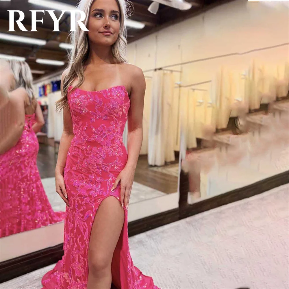 RFYR Lace Pink Prom Dress Sweetheart Trumpet Ruffles Evening Dress Tulle فستان سهرة with Sheer Corset High Side Slit Party Dress