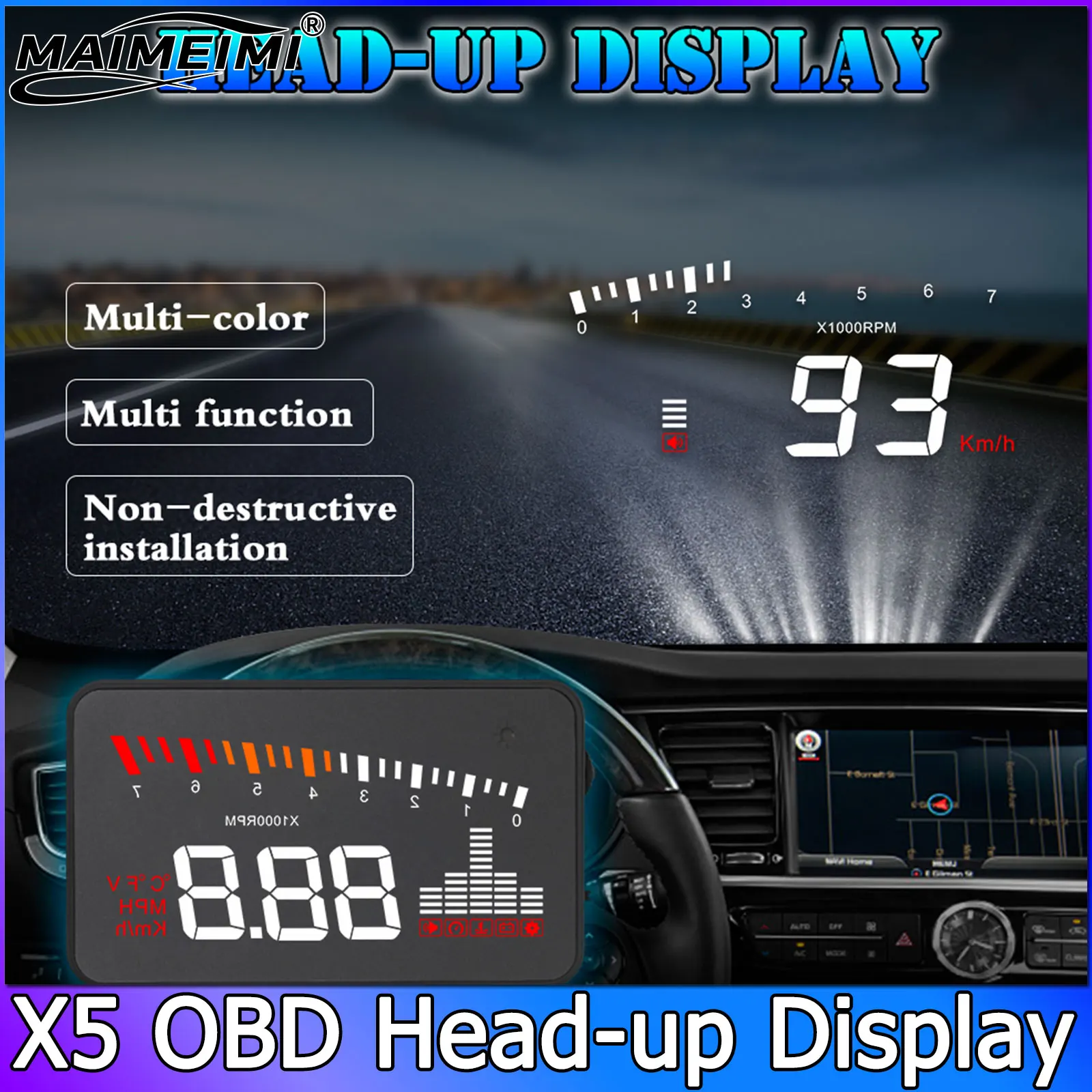 Автомобильный проекционный дисплей X5 OBD2 HUD Спидометр Проектор на лобовое стекло Дані в реальном времени Простая установка Умное вождение