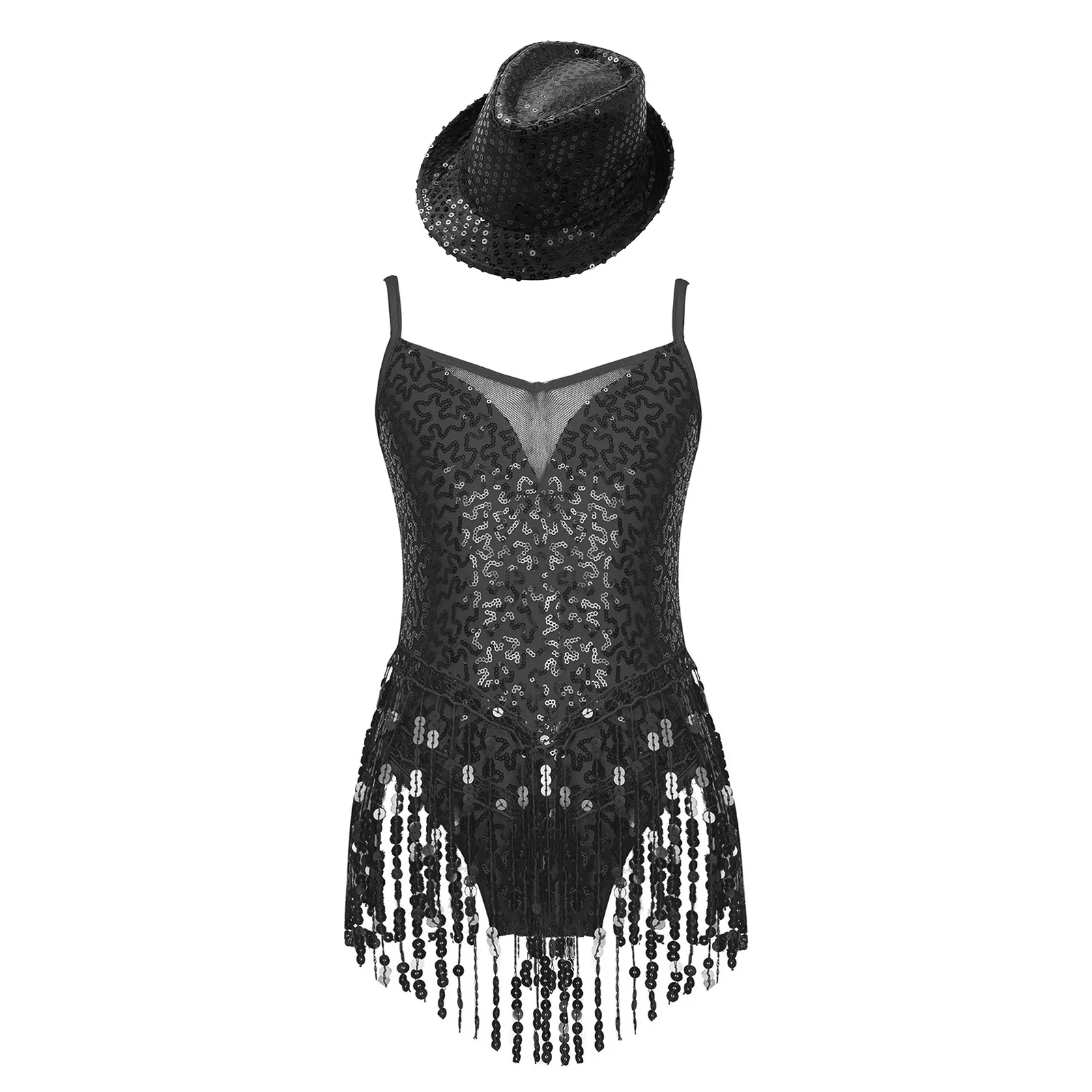 Kids Girls Sleeveless Shiny Sequins Tassel Bodysuit Gymnastics Leotard with Hat for Stage Performance Jazz Latin Dance Costume