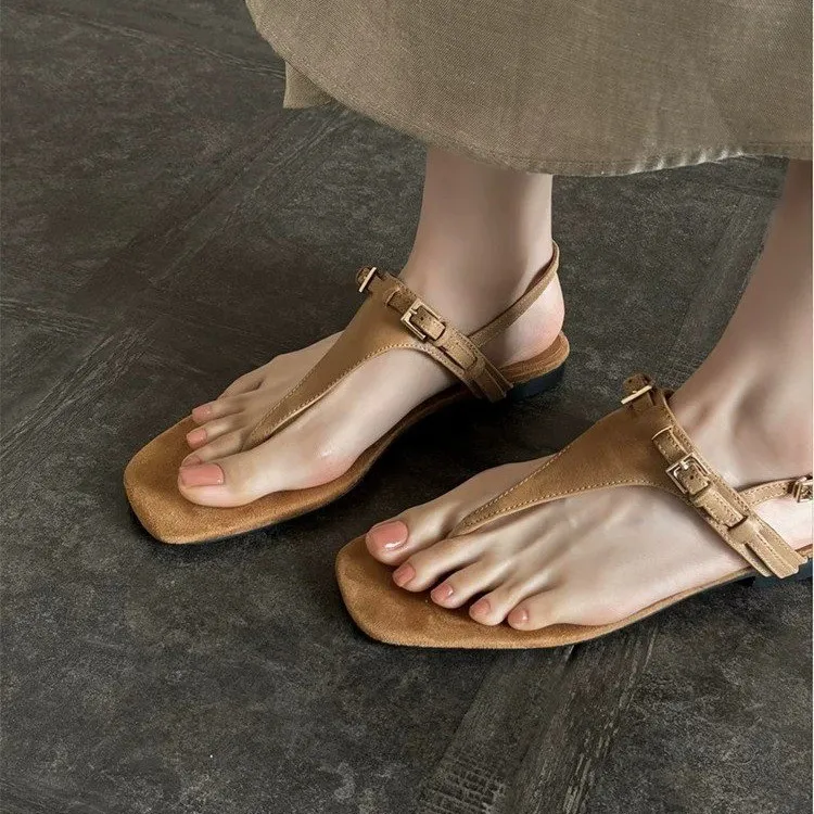 

Women's Retro Thong Flat Sandals Square Toe Adjustable Buckle Ankle Strap Casual Summer Outdoor Beach Walking Daily Shoes