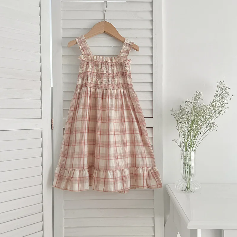 2026 Summer New Girls' Gentle Style Pleated Shoulder Strap Mid Length Cotton Dress 3