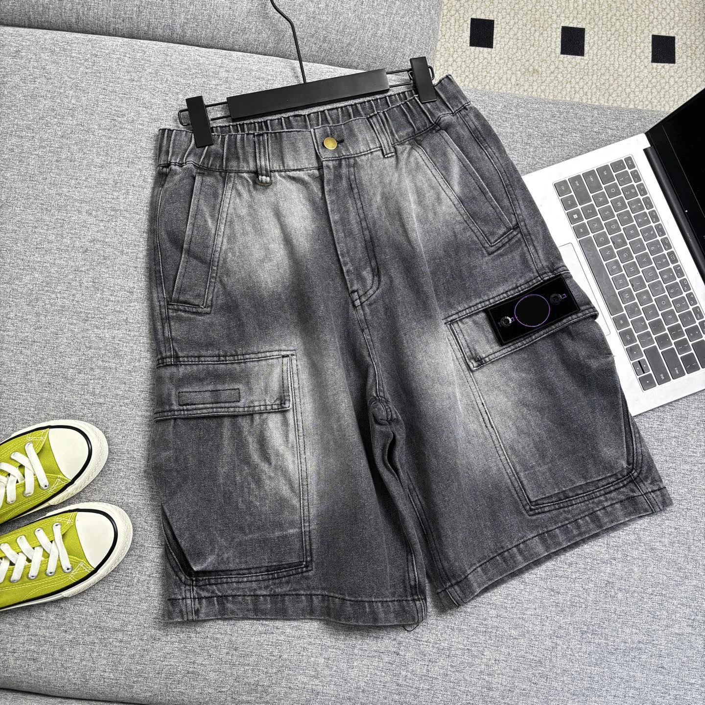 YFSTONE Trendy Stone Jeans Shorts Casual Loose Five-Pocket Workwear Men's Mid-Waist Cotton Denim Shorts Summer Leisure