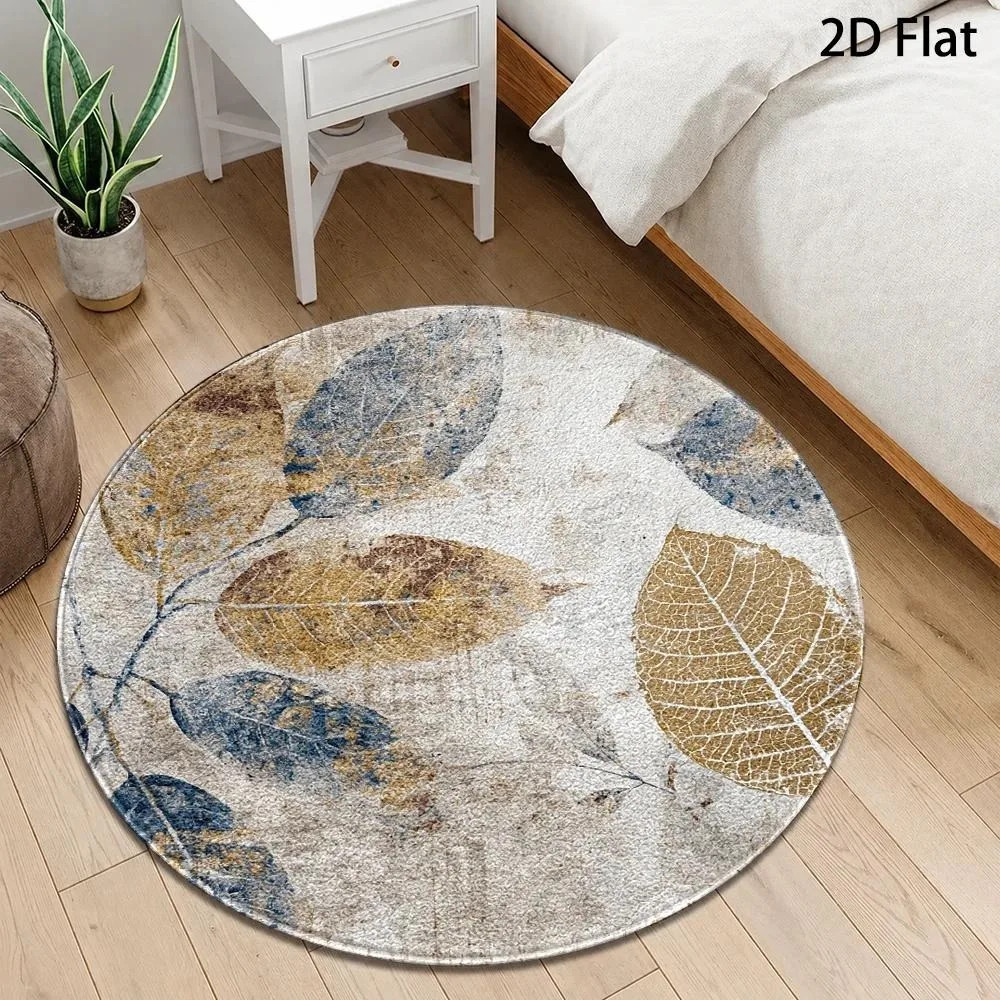 Vintage Botanical Round Carpet Distressed Faded Fall Leaf Vein Retro Washed Texture Print Circular Floor Rug for Living Room