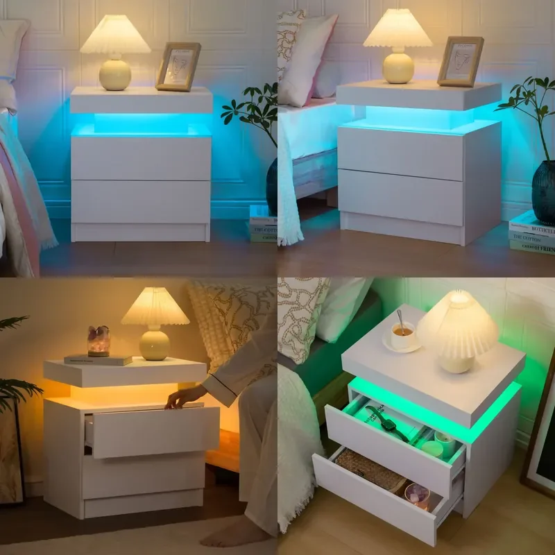 Cubehom LED Nightstand with 2 Drawers, RGB Lights End Table, White Bedside Table for Bedroom Living Room Storage