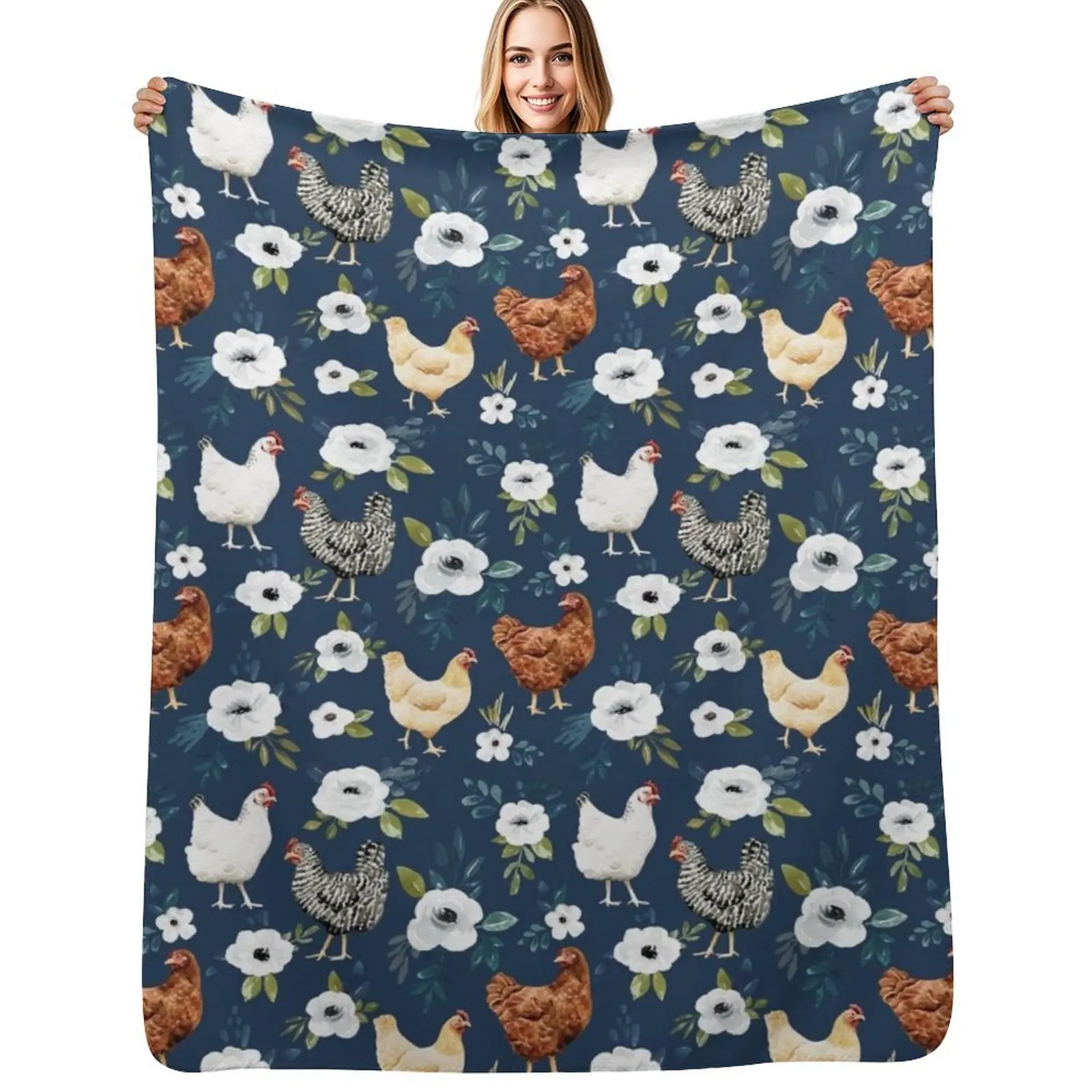 

Watercolor Chicken Floral, Farm Animals, Country Chic Chickens Throw Blanket Thermal Thermals For Travel Soft Blanket
