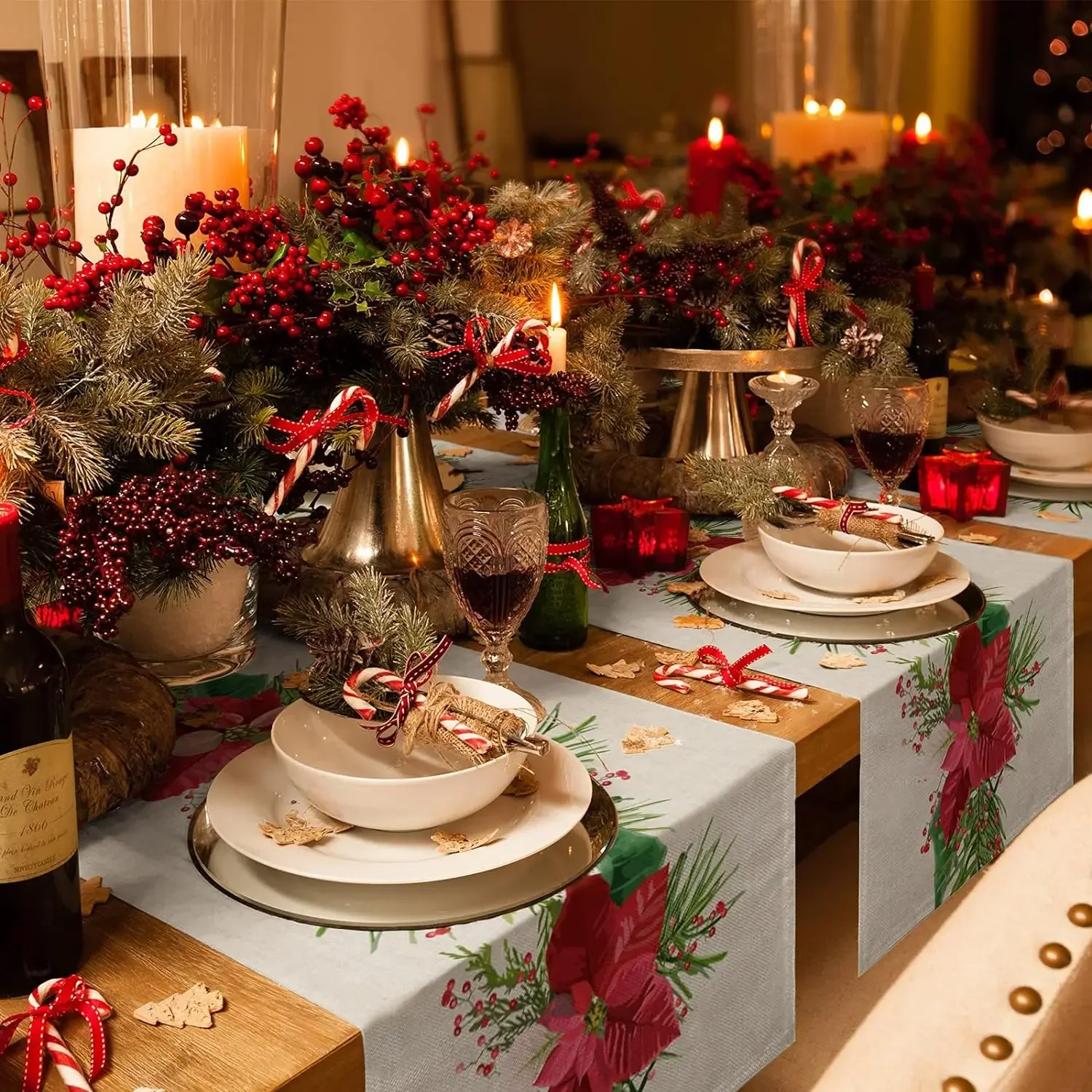 Christmas Poinsettia Flower Berry Linen Table Runners Dresser Scarves Table Decor Xmas Dining Table Runners Christmas Decoration