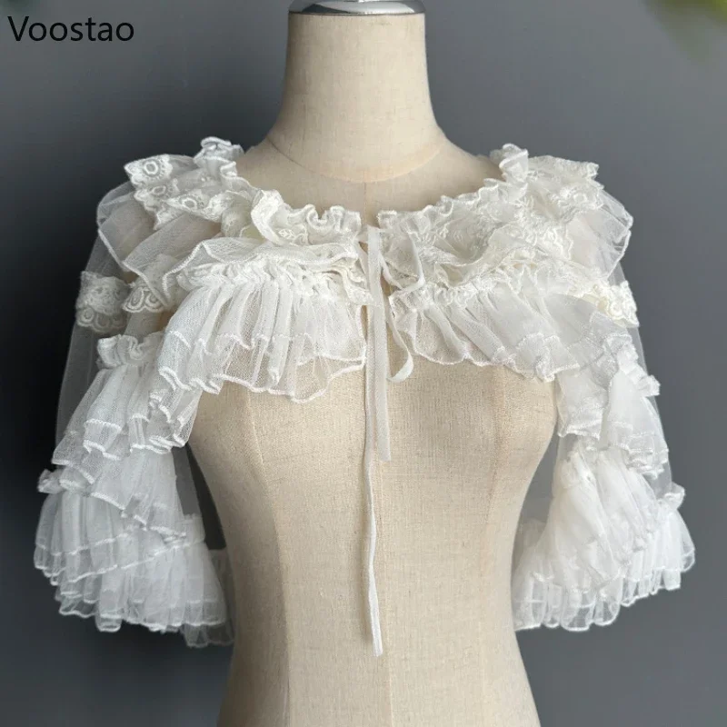 Sweet Lolita Short Shawl Coat Women Kawaii Lace Mesh Ruffles Open Front Poncho Gothic Retro Princess Capes Cardigan Outerwear