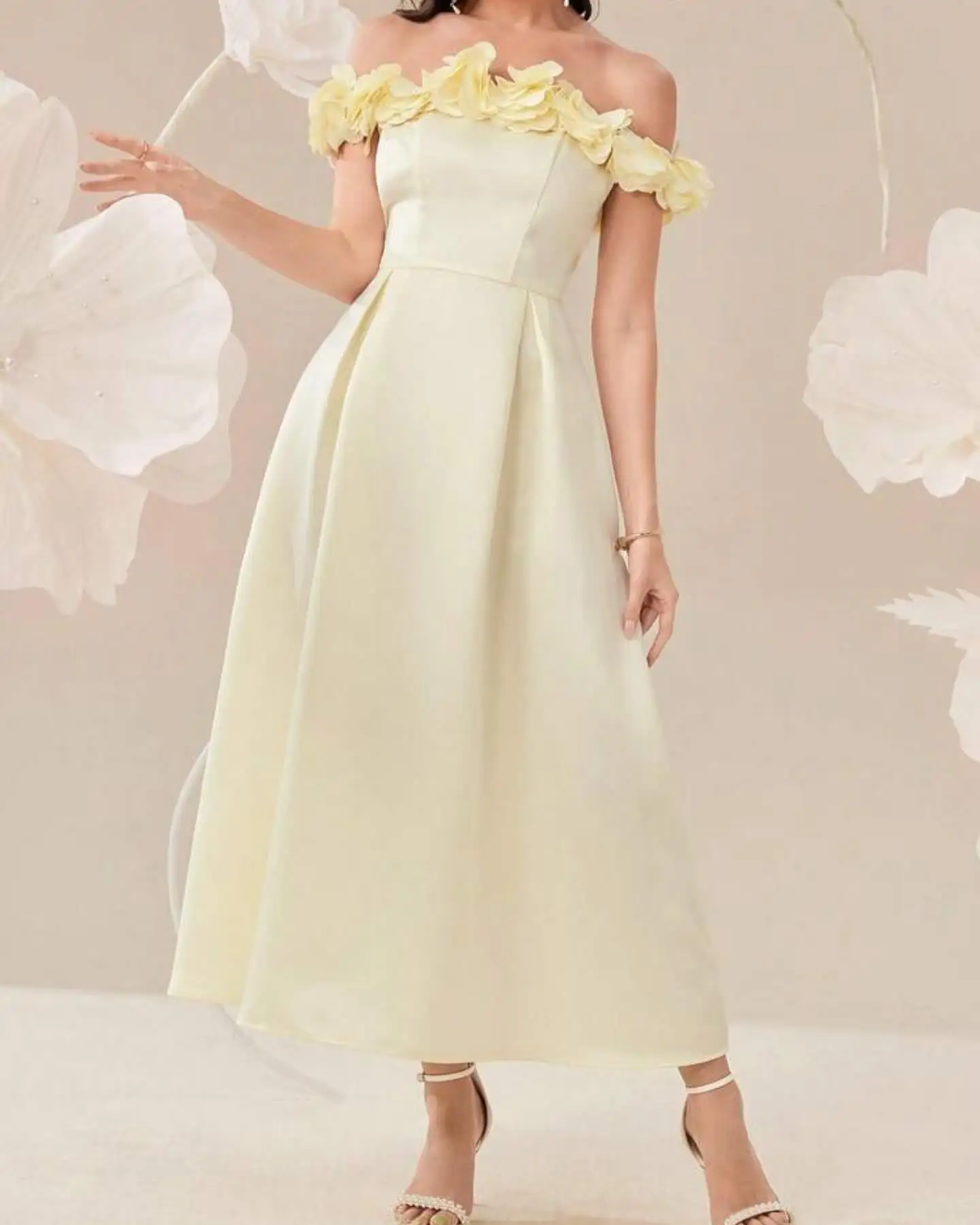 Customized Exquisite Satin Off The Shoulder Flowers Evening Dresses Temperament Sleeveless Prom Dress Custom Size Part