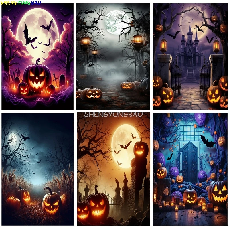 

Pumpkins Halloween Day Spooky Backdrop Props Lanterns Cobwebs Creepy Wicked Eerie Evil Scary Dark Night Forest Background JS-04