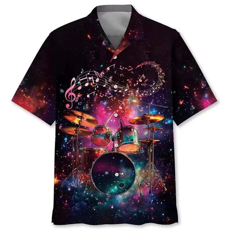Drum Pattern Hawaiian Shirt Men Summer 3D Printing Musical Instruments Short Sleeve Blouse Outdoor Street Music Lover Shirts