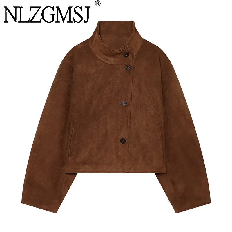 NLZGMSJ Street Chic Suede Jackets For Women Long Sleeve Stand Collar Jacket Coat Woman 2026 Autumn Casual New Outerwear