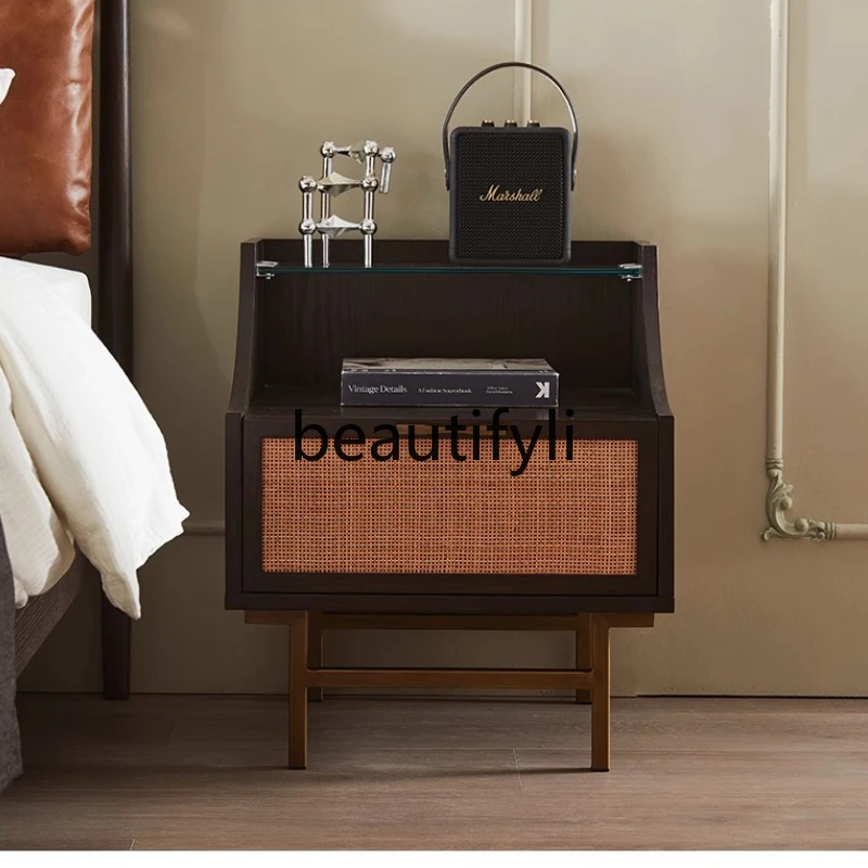 

Modern simple and retro old wabi style solid wood rattan bedside table Nordic side table drawer side cabinet