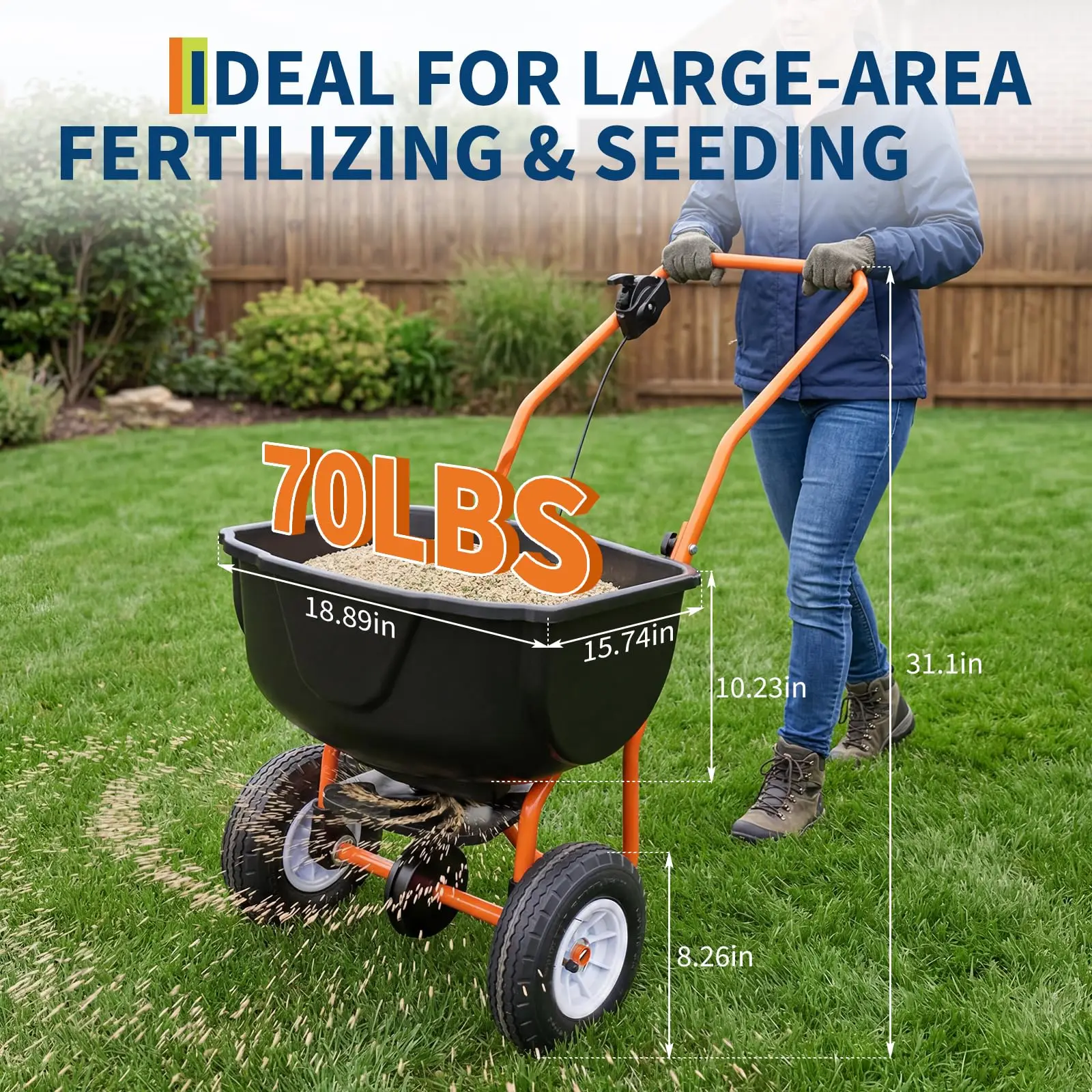 70LB Walk-Behind Broadcast Spreader for Fertilizer & Seed – Heavy-Duty Steel Frame, 8
