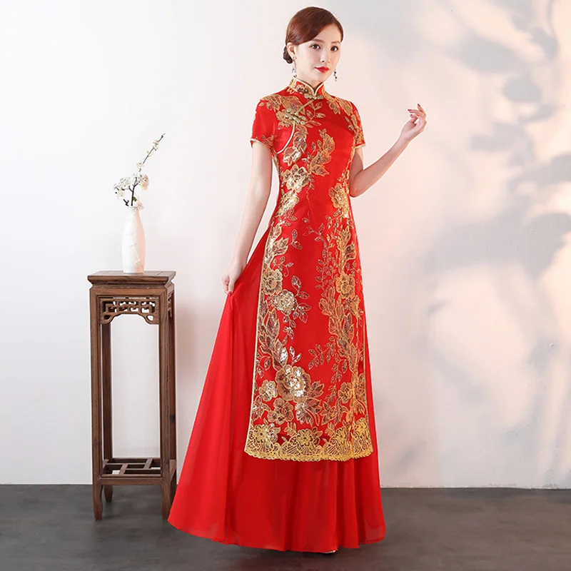 Gaun Qipao payet renda bordir Vietnam Audrey gaun pertunjukan panggung panjang