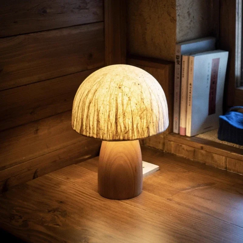 

Japanese Table Lamps Mushroom Lampshade Black Walnut Wood Light Body Living Room Lighting Bedroom Bedside Lamp Decoration Home