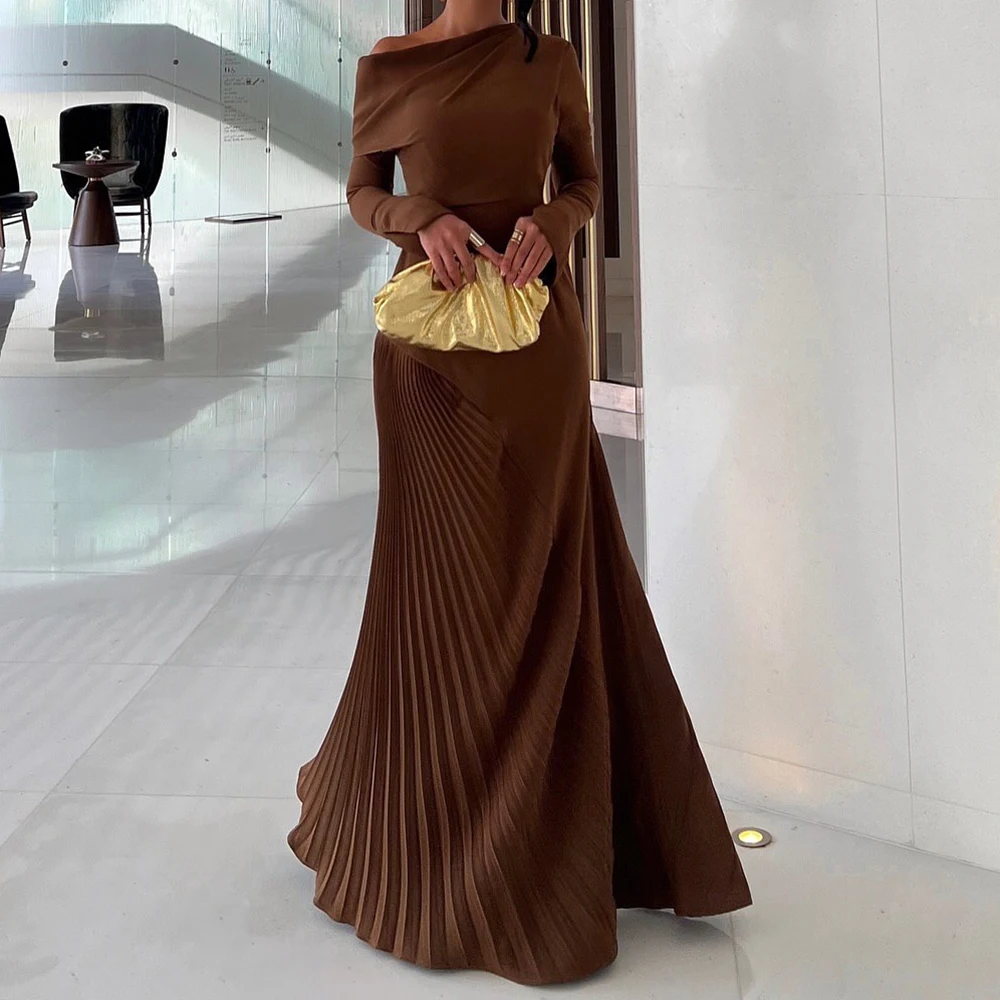 

Customized A-line Evening Dresses Floor-length One-shoulder Full Sleeve Prom Gown Simple Fashion Pleat Draped Party Gown