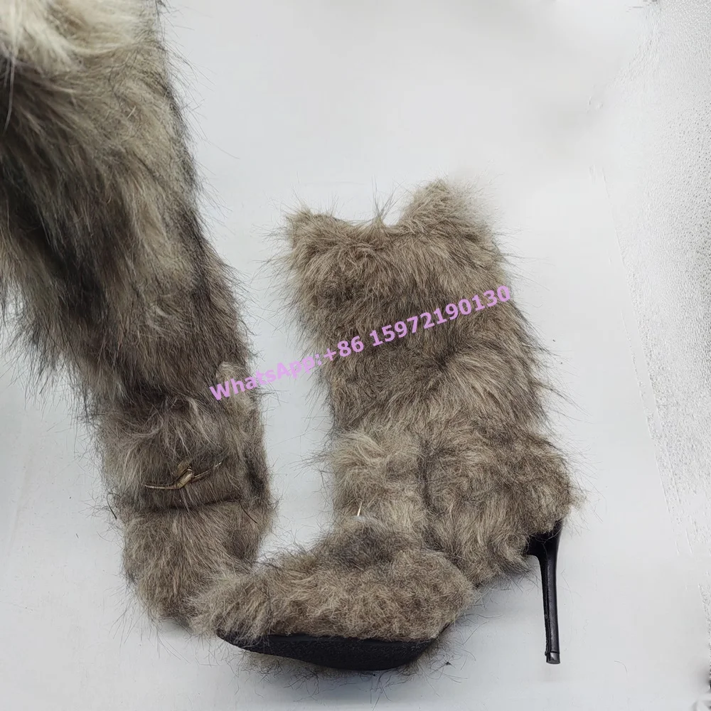 Furry Thin Heels Snow Boots Pointy Toe Metal Buckle Soft Slip On Brown Mid Calf Boots Women's Sexy Runway Fashion Winter Shoes