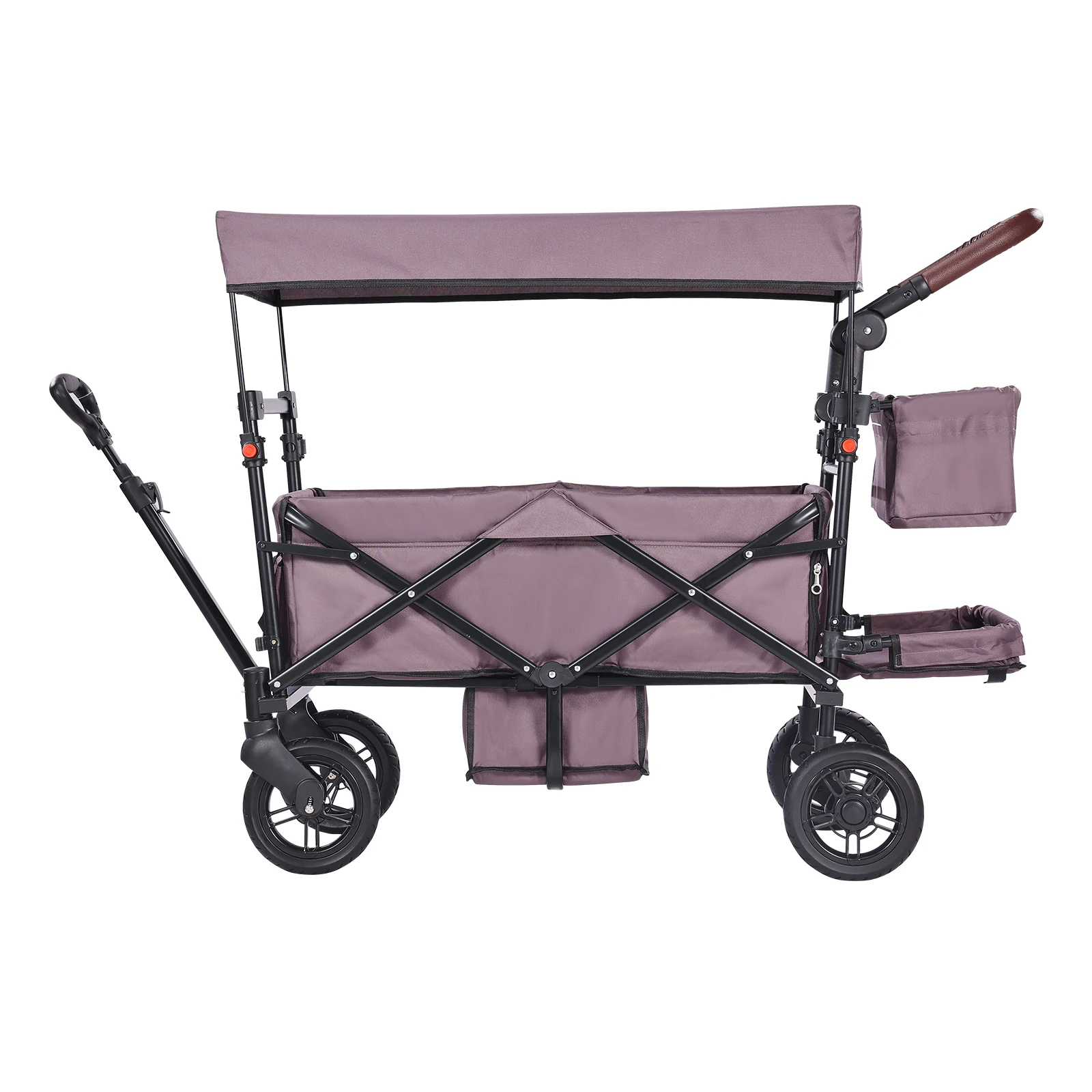 Wagon Stroller for 2 Kids, 4 Wheels w/ Brakes, Push Pull Quad Collapsible Stroller with Adjustable Handle, Encircling Harness Removable Canopy, Mutifunction Tandem Stroller for Camping Dark Purple