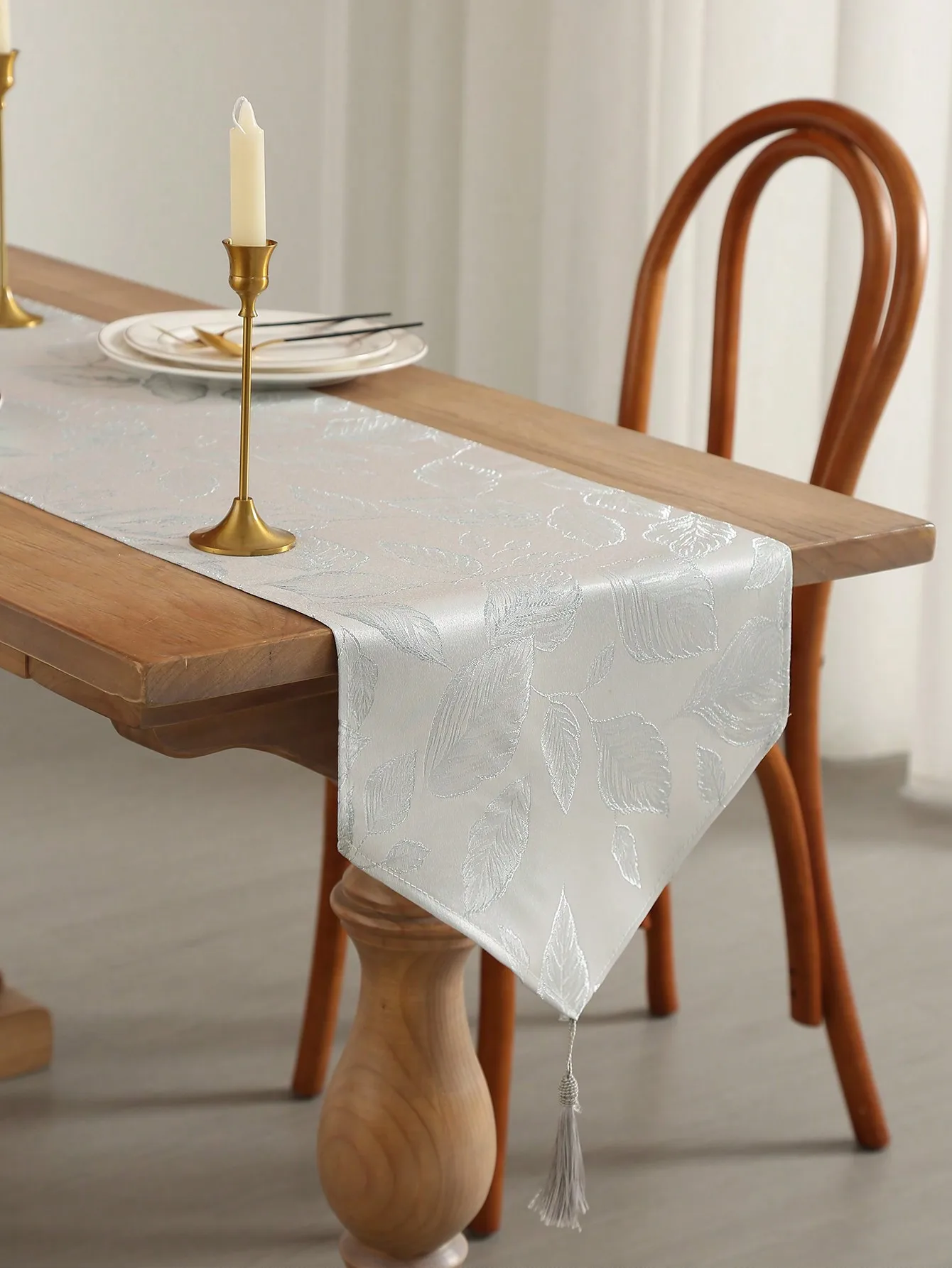 Grey Jacquard Pointed Hanging Tassel Table Runner, Living Room TV Cabinet, Dining Table Mat, Party Decoration