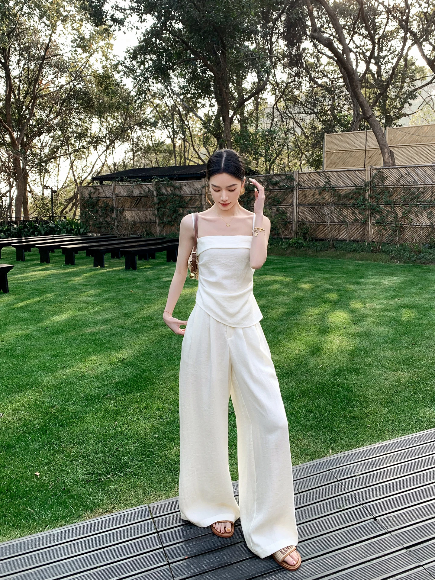 

Bingo Cotton Linen Blend Beige Elegant Strap Vest High Waist Wide Leg Pants Two Piece Set Women Summer New Casual Style
