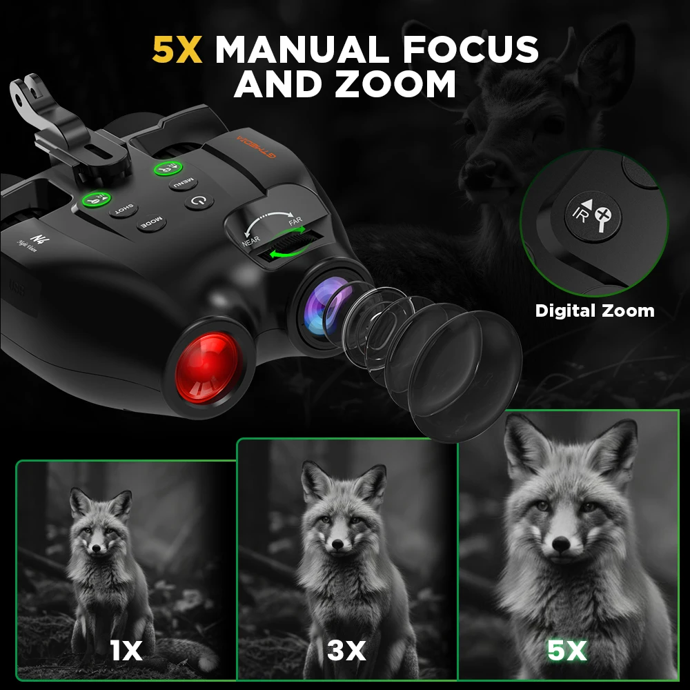 GTMEDIA N4 Night Vision Binoculars, 300m IR, 1080P 5X Zoom, 7-Level Adjustable, Use Photo and Video, Day/Night Hunting Wildlife