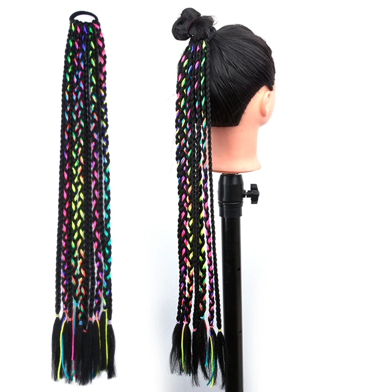 Meisjes Gekleurde Doos Gevlochten Paardenstaart Met Elastische Rubberen Band Hair Extensions Regenboog Kleur Kids Box Pruik Pigtail Haarstuk