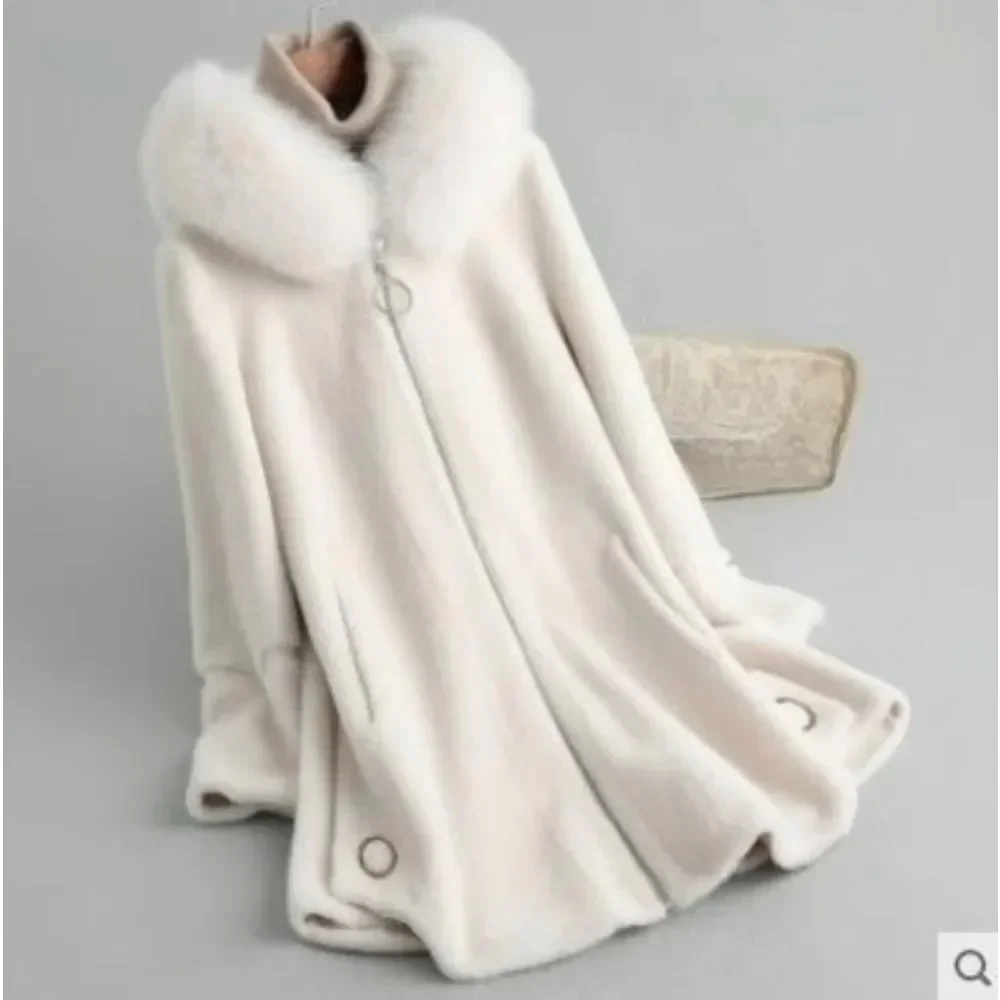 Women Vintage Grain Shearling Coat Fox Fur Lamb Wool Winter Jacket Haining Leather Fur Streetwear Chic Ladies Outerwear