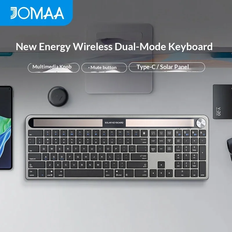 JOMAA Wireless Bluetooth Dual Mode Solar Charging Keyboard Multimedia Knob Adjustable Quiet Keys Type C Rechargeable For Office
