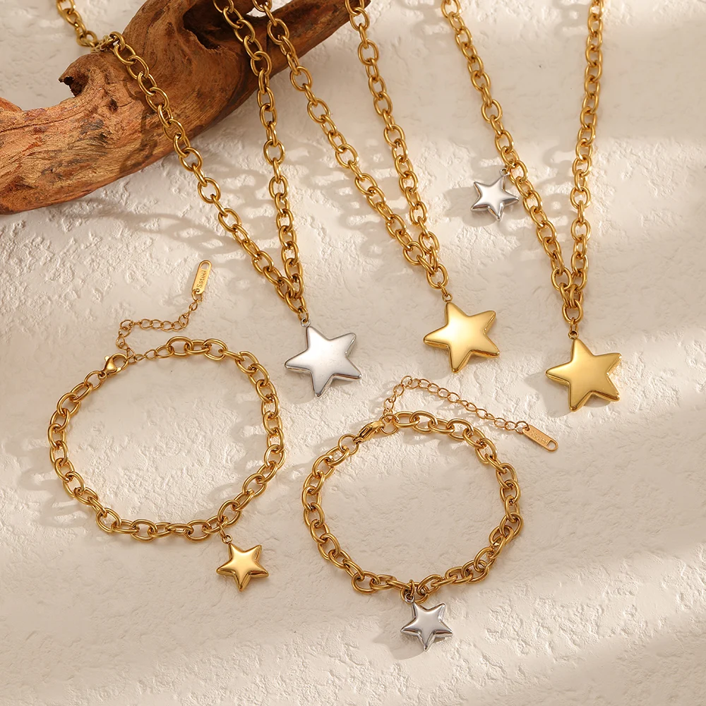 Schlichtes, klassisches, 18 Karat vergoldetes Edelstahl-Armband mit fünfzackigem Sternanhänger, wasserdichter Schmuck für Damen, Geschenk. – Detail 3