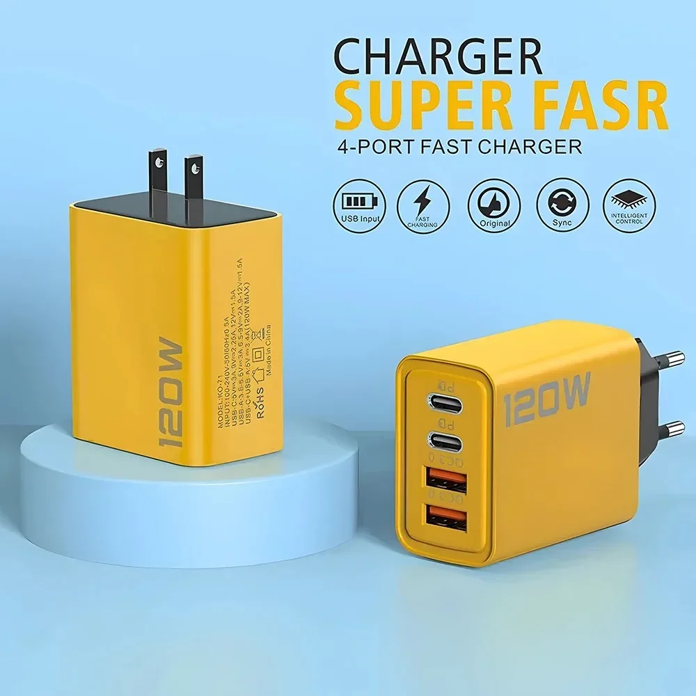 Chargeur USB 120W à Charge Rapide QC 3.0 Type C 4 Ports, Adaptateur de Chargeur de Téléphone Portable pour Xiaomi 12 13 14 15 Pro Max Huawei Iphone