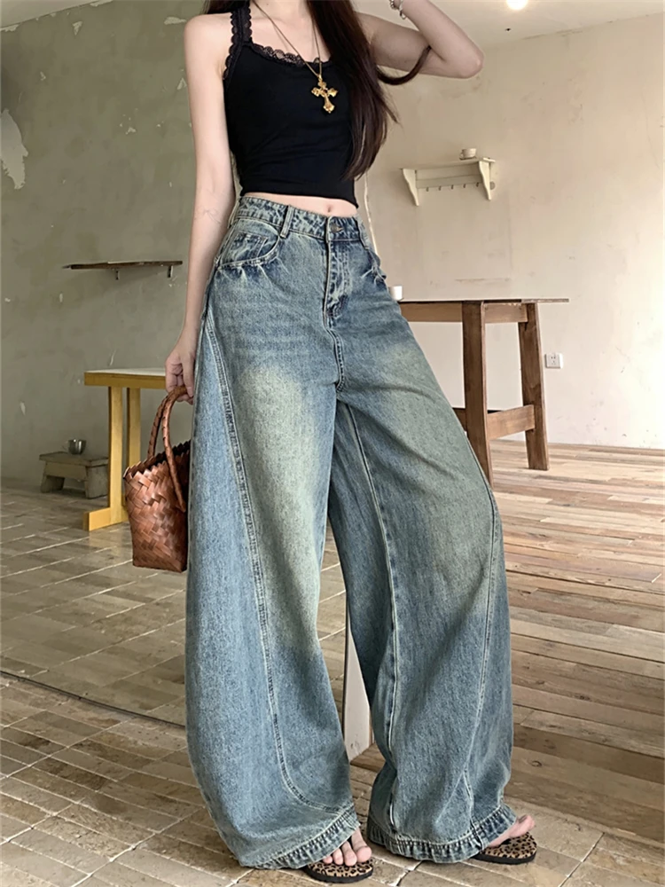 

Summer Women's High Waisted Loose Wide Leg Blue Jeans Personalized Trousers Cool Girl Casual Bottoms Female Street Pants