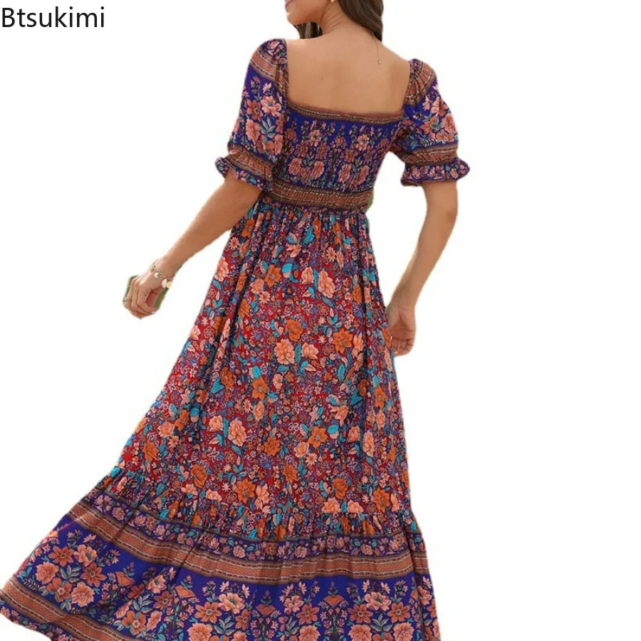 Nieuwe 2024 Dames Zomer Boho Bloemenprint Strand Zonnejurk Korte Mouw Vierkante Hals Ruche Geplooide Jurk Voor Meisjes Bohemien Jurk