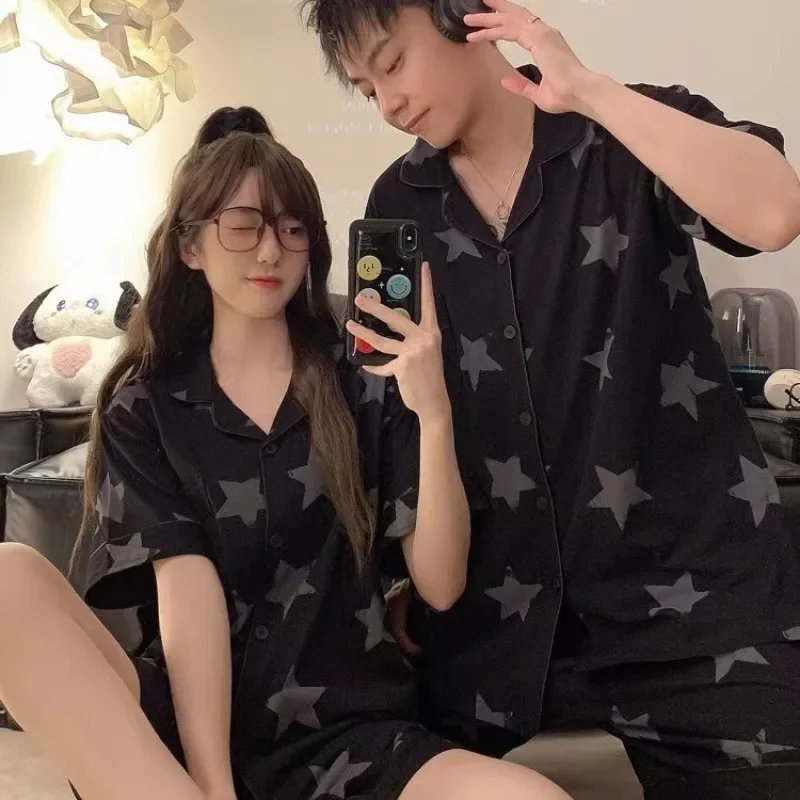 Ins Couple Pajamas Summer Black Star Print Sweet Lovely Simple Homewear Turn-down Collar Pockets Single Breasted Chic Korean