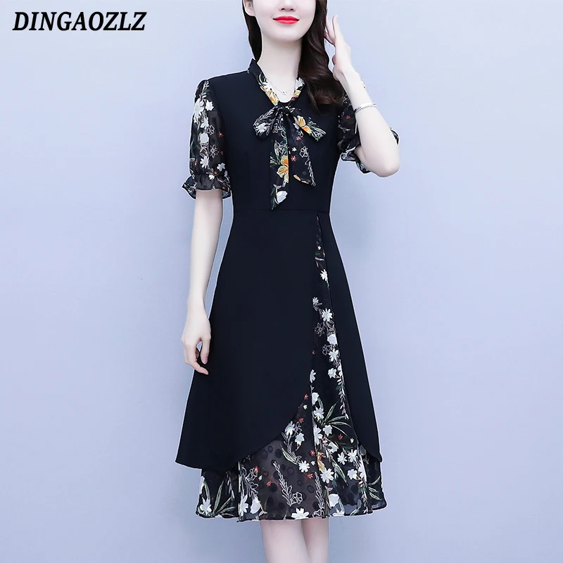 

2025 Summer Dress Women Patchwork Floral Printed Chiffon Dress V-neck Short Sleeve Fake Two Piece Middle Aged Casual Dress