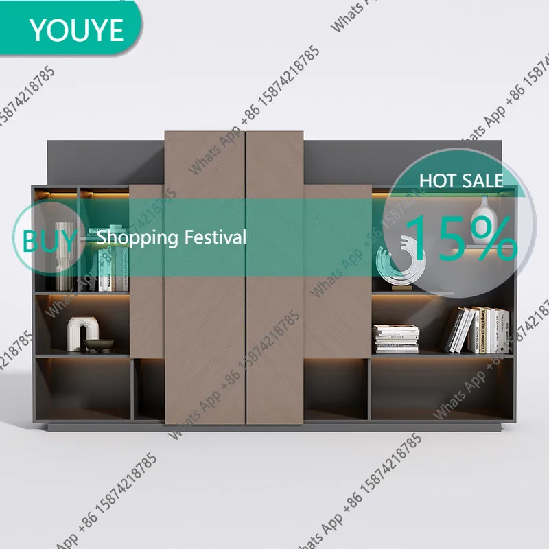 T64 Simple Modern Solid Wood File Cabinet Boss Office Information Large Bookcase Display Gray Sandalwood Color Bookcase
