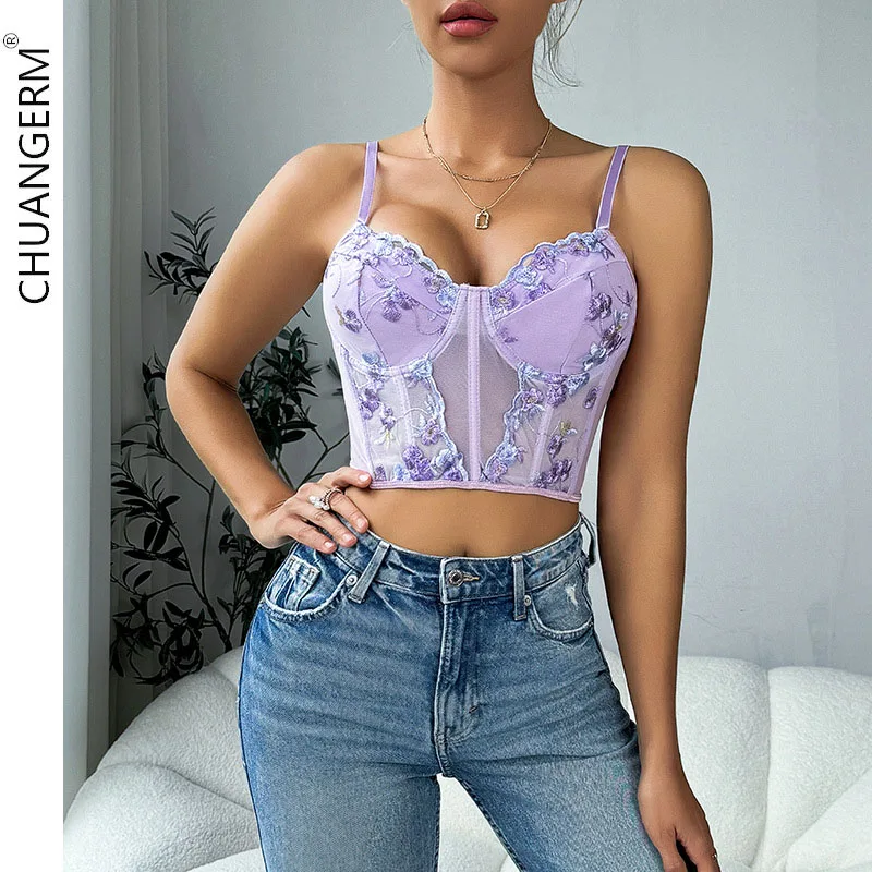 CHUANGERM Sexy Corset Embroidery Floral Spaghetti Strap Sheer Ring Fishbone Slim Crop Top Sleeveless V-neck Backless Bandage Top