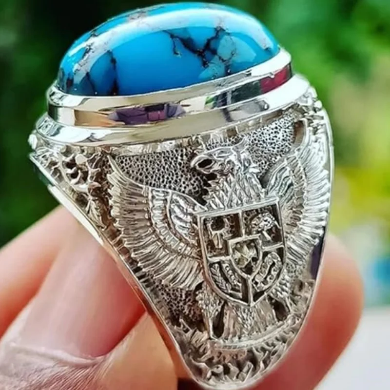 Turkish Handmade Men Vintage Big Turquoise Double Eagle National Emblem Pattern Rings For Men Classic Religion Christian Jewelry