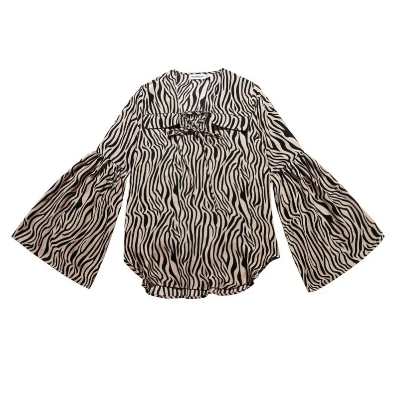 Summer Women Sexy V-Neck Zebra Print T-Shirts Tops Streetwear Women New Long Sleeves Loose Casual Daily Black Tshirts Tops 2024