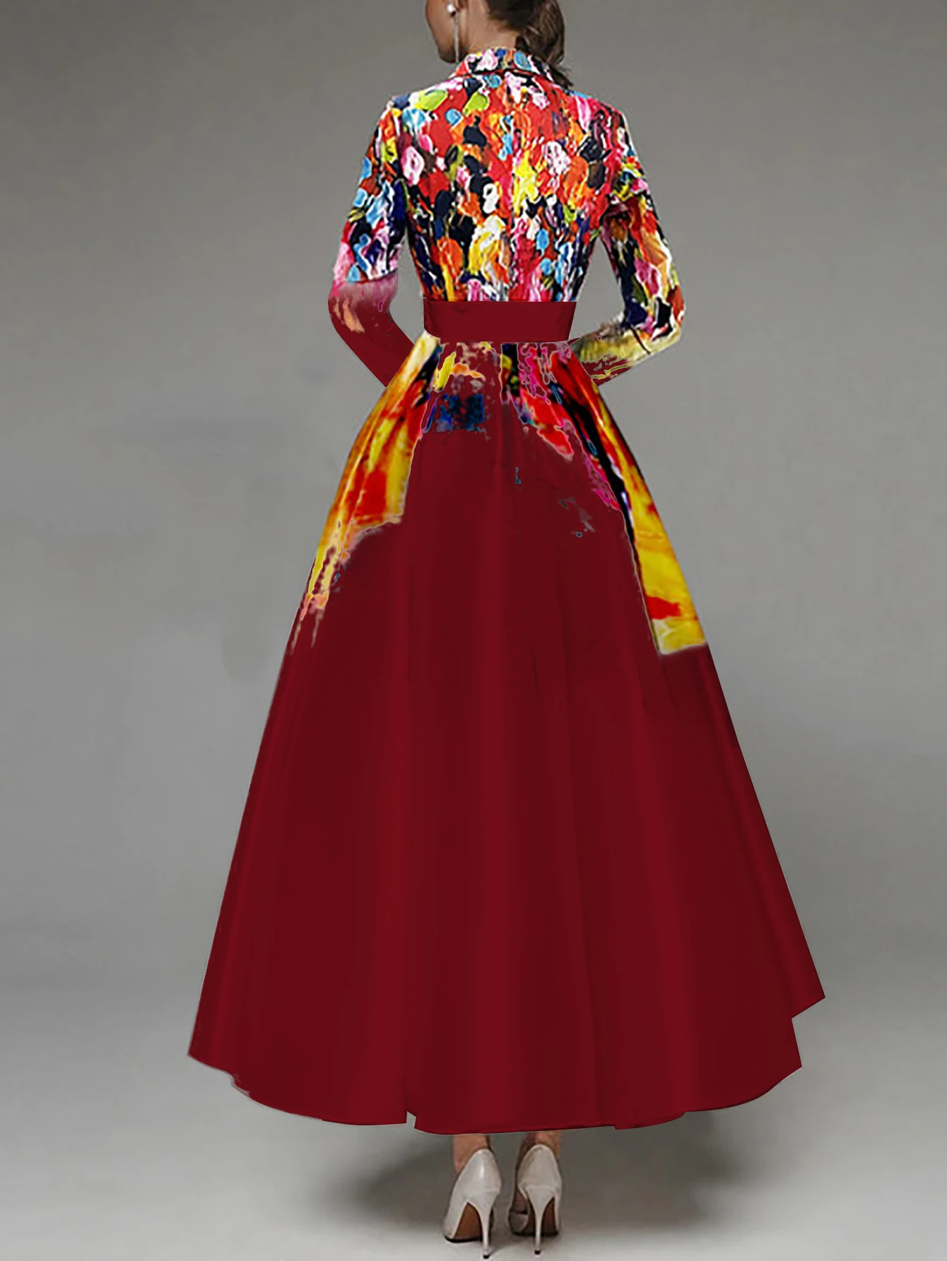 ヴィンテージ花柄ペイントプリント A ラインドレスラペル襟エレガントなヴィンテージ長袖シングルブレストプリーツ女性ドレスベルト付き